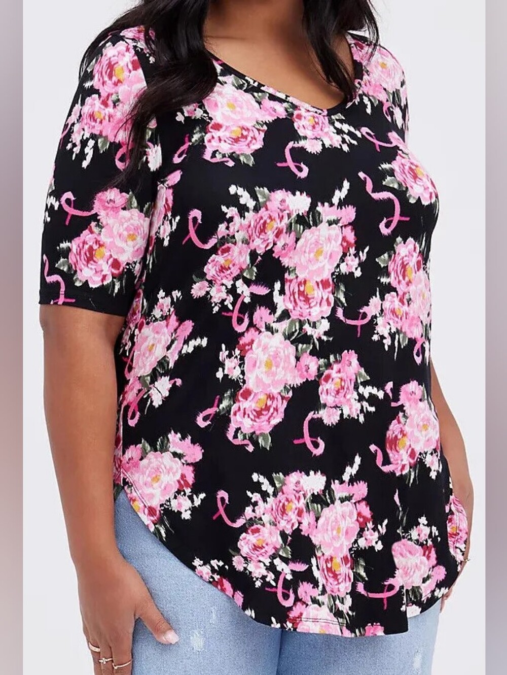 torrid Black Short Sleeve V-Neck Tee with Pink Floral Print